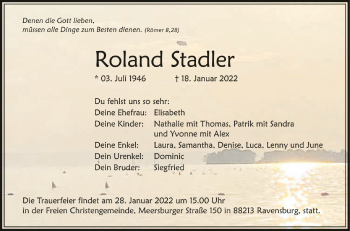 Anzeige von Roland Stadler von Schwäbische Zeitung