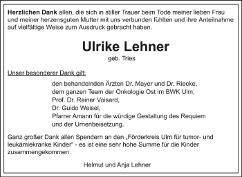 Anzeige von Ulrike Lehner von Schwäbische Zeitung