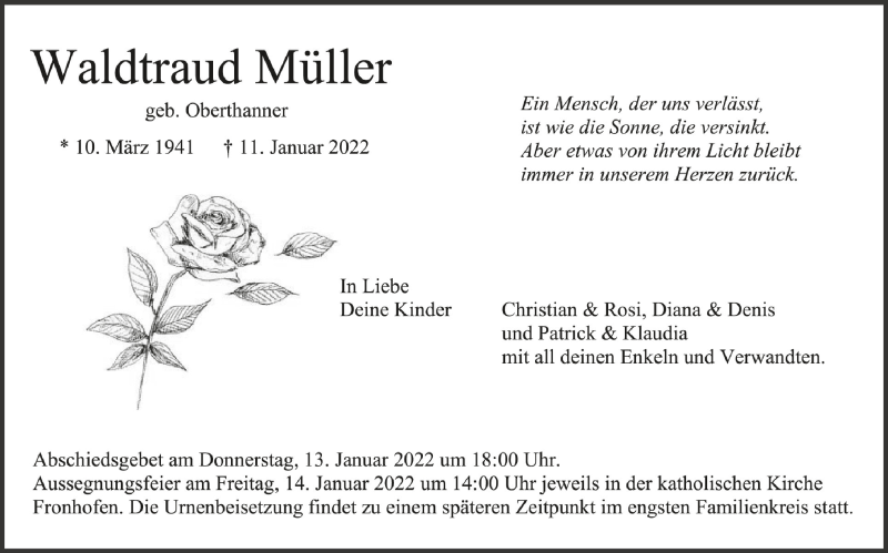  Traueranzeige für Waldtraud Müller vom 13.01.2022 aus Schwäbische Zeitung