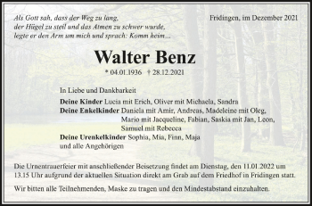 Anzeige von Walter Benz von Schwäbische Zeitung