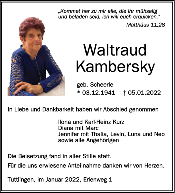 Anzeige von Waltraud Kambersky von Schwäbische Zeitung