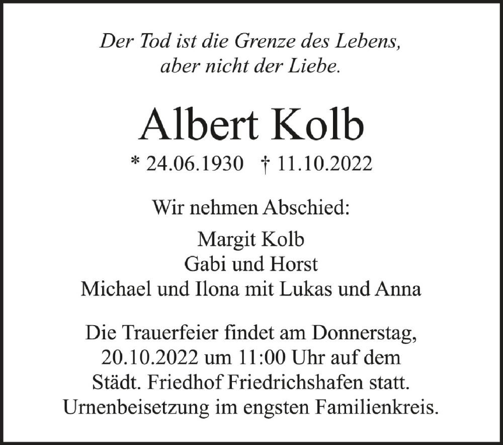  Traueranzeige für Albert Kolb vom 15.10.2022 aus Schwäbische Zeitung