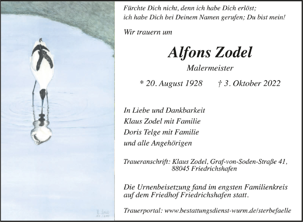  Traueranzeige für Alfons Zodel vom 15.10.2022 aus Schwäbische Zeitung