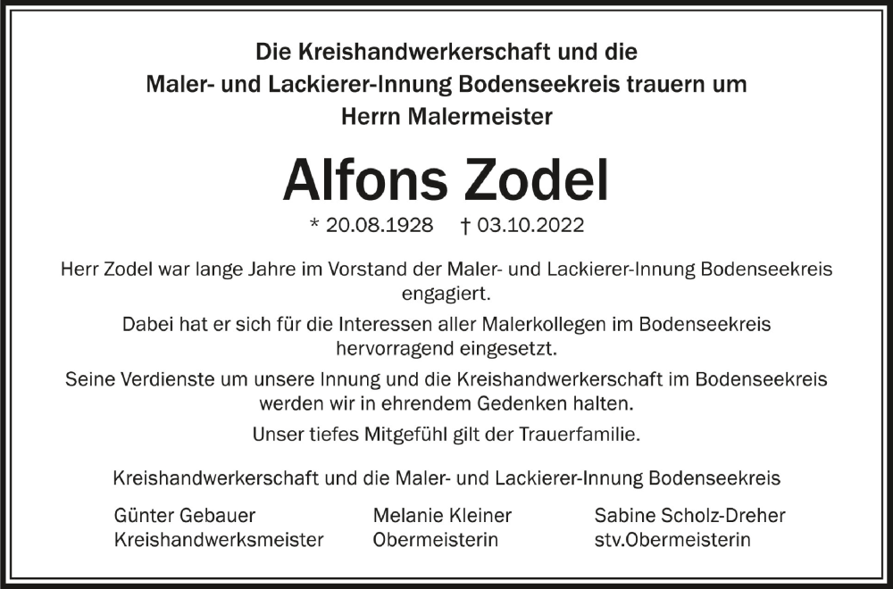  Traueranzeige für Alfons Zodel vom 22.10.2022 aus Schwäbische Zeitung