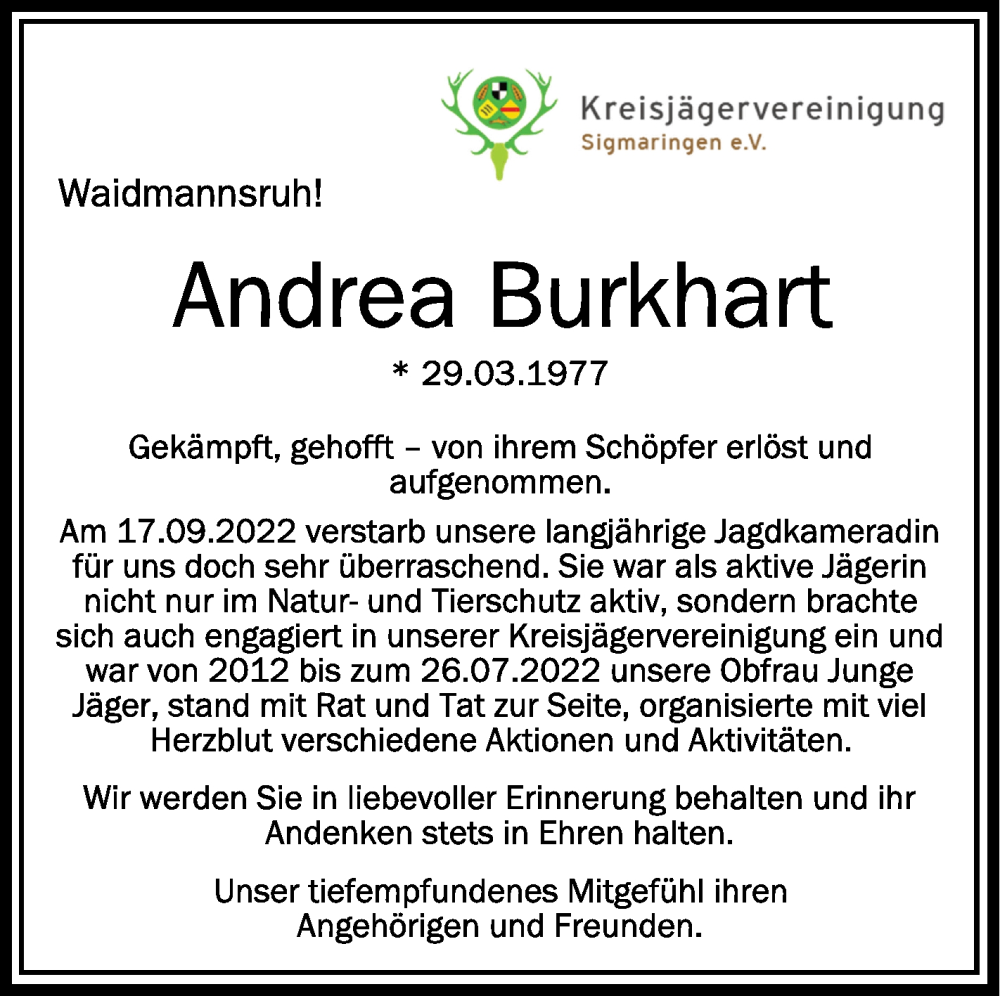  Traueranzeige für Andrea Burkhart vom 01.10.2022 aus Schwäbische Zeitung