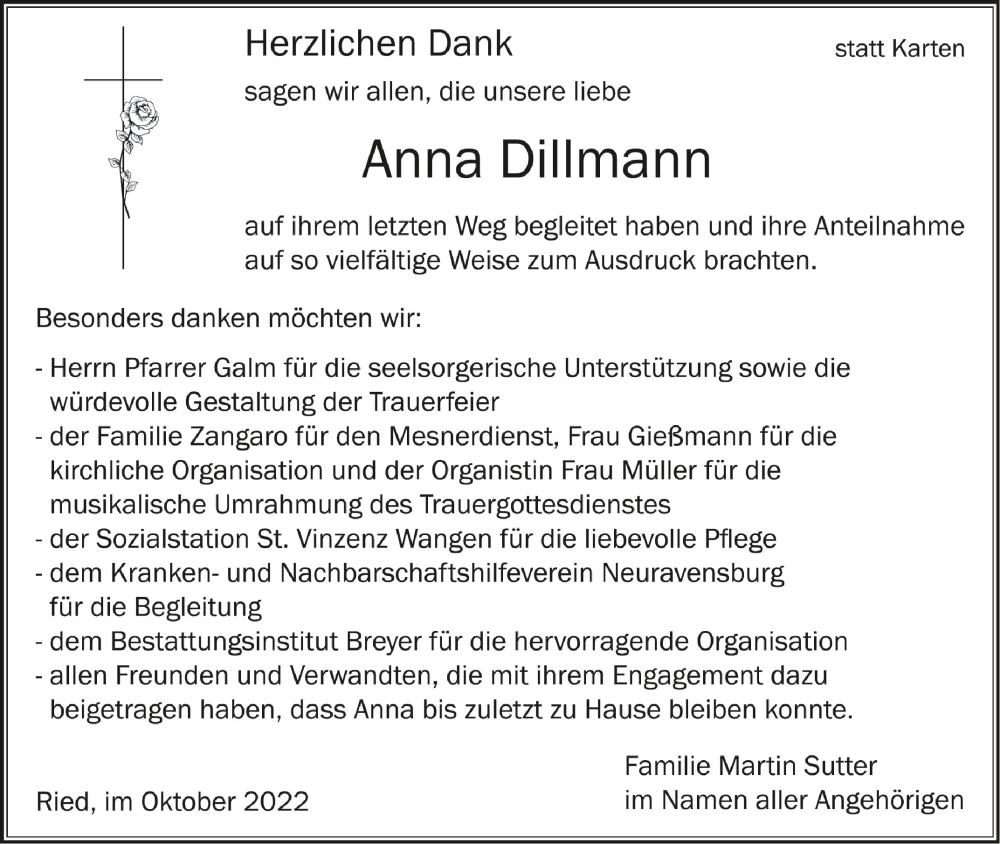  Traueranzeige für Anna Dillmann vom 08.10.2022 aus Schwäbische Zeitung