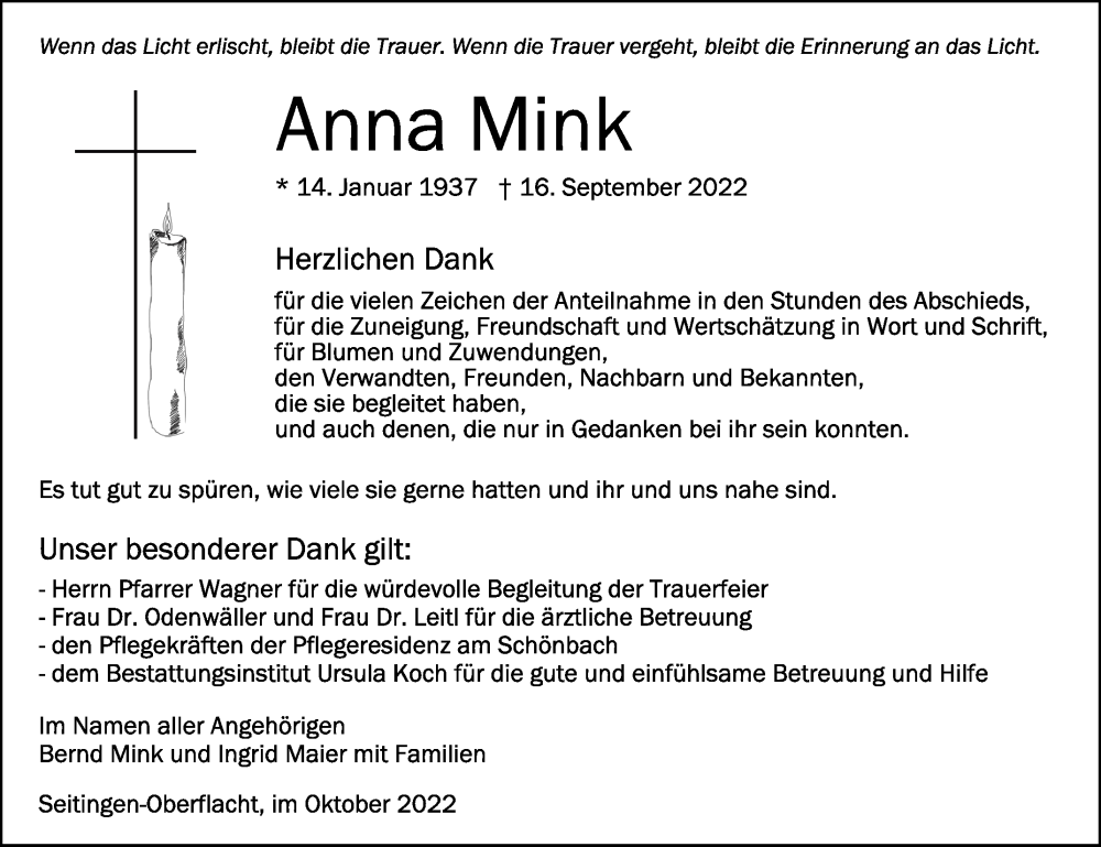  Traueranzeige für Anna Mink vom 19.10.2022 aus Schwäbische Zeitung