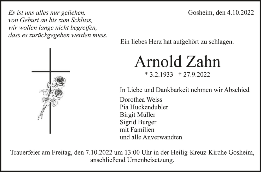  Traueranzeige für Arnold Zahn vom 04.10.2022 aus Schwäbische Zeitung