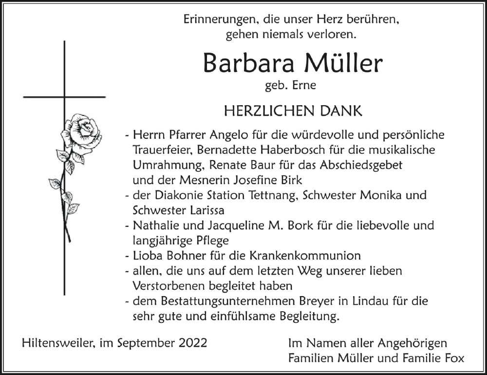  Traueranzeige für Barbara Müller vom 17.09.2022 aus Schwäbische Zeitung