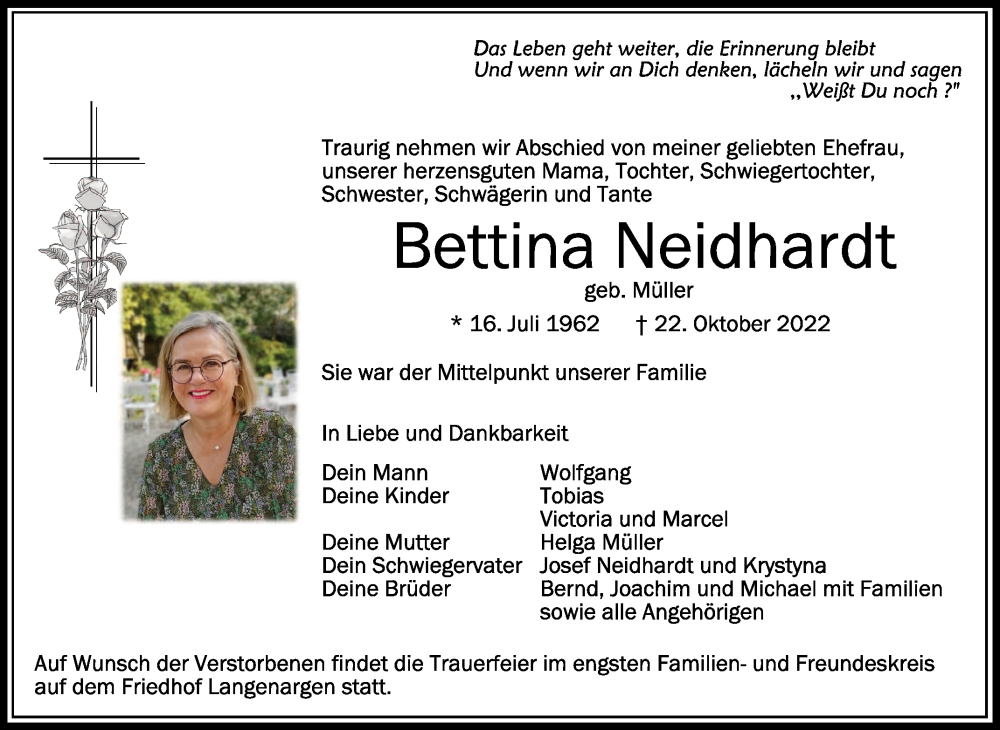  Traueranzeige für Bettina Neidhardt vom 27.10.2022 aus Schwäbische Zeitung