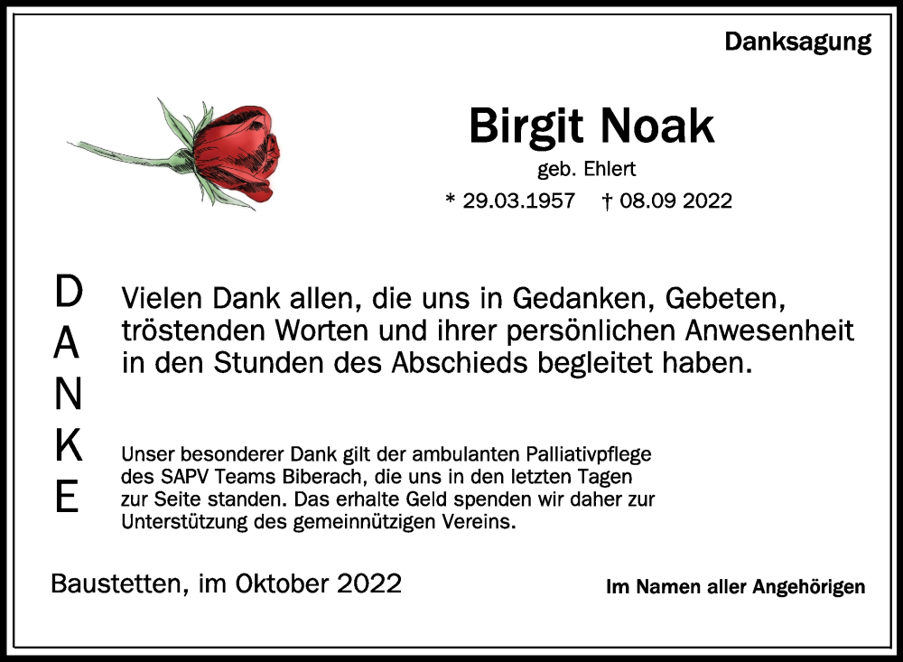  Traueranzeige für Birgit Noak vom 08.10.2022 aus Schwäbische Zeitung