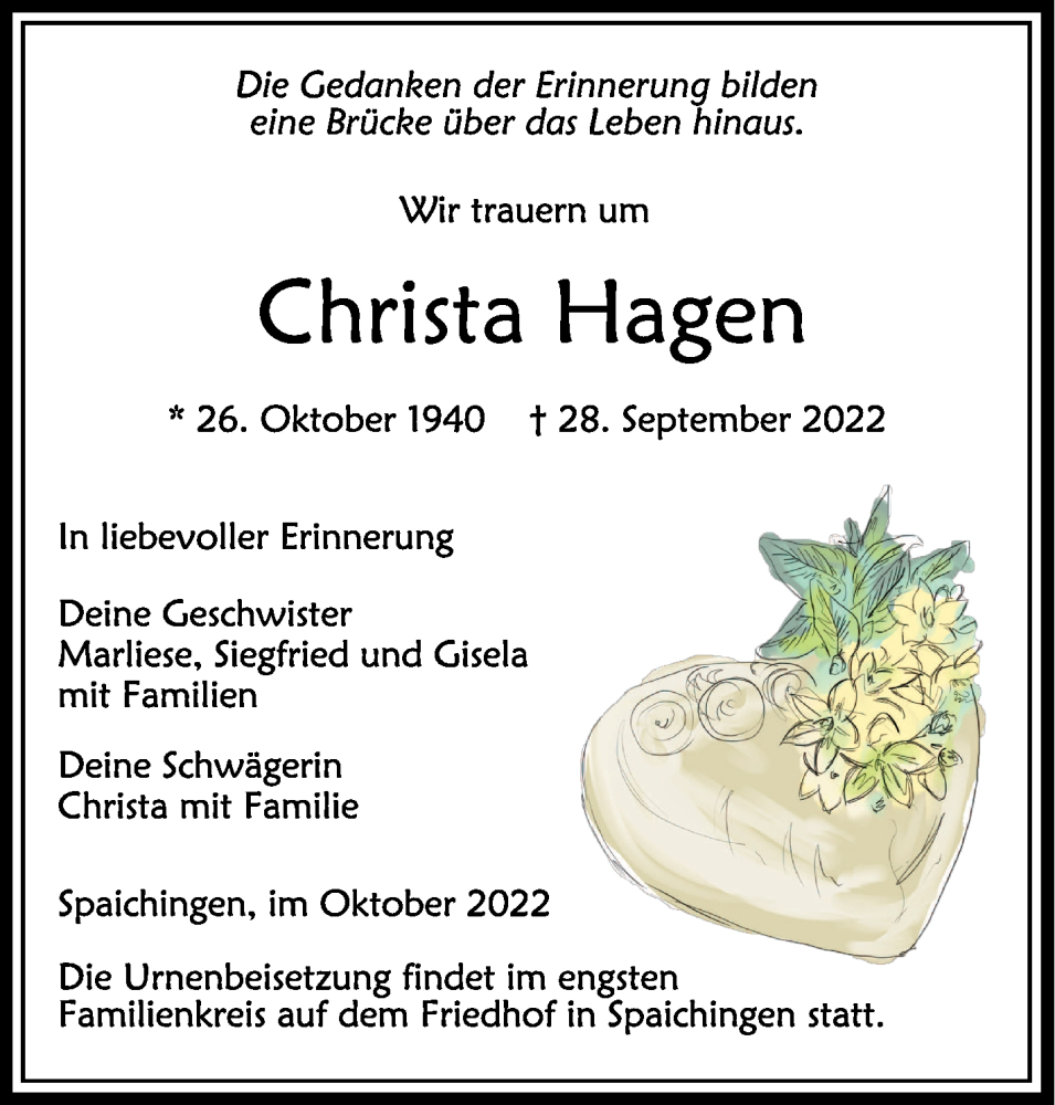  Traueranzeige für Christa Hagen vom 07.10.2022 aus Schwäbische Zeitung