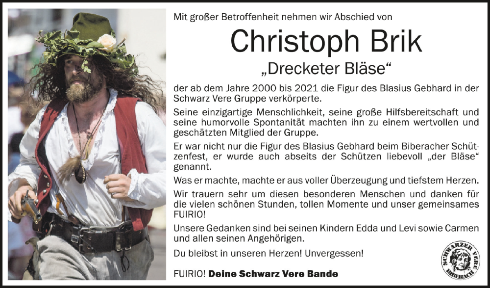  Traueranzeige für Christoph Brik vom 17.09.2022 aus Schwäbische Zeitung