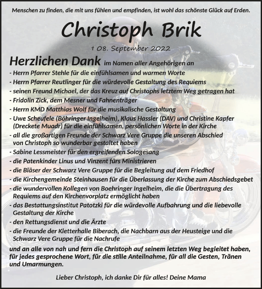  Traueranzeige für Christoph Brik vom 08.10.2022 aus Schwäbische Zeitung