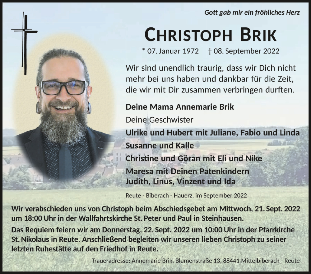  Traueranzeige für Christoph Brik vom 17.09.2022 aus Schwäbische Zeitung