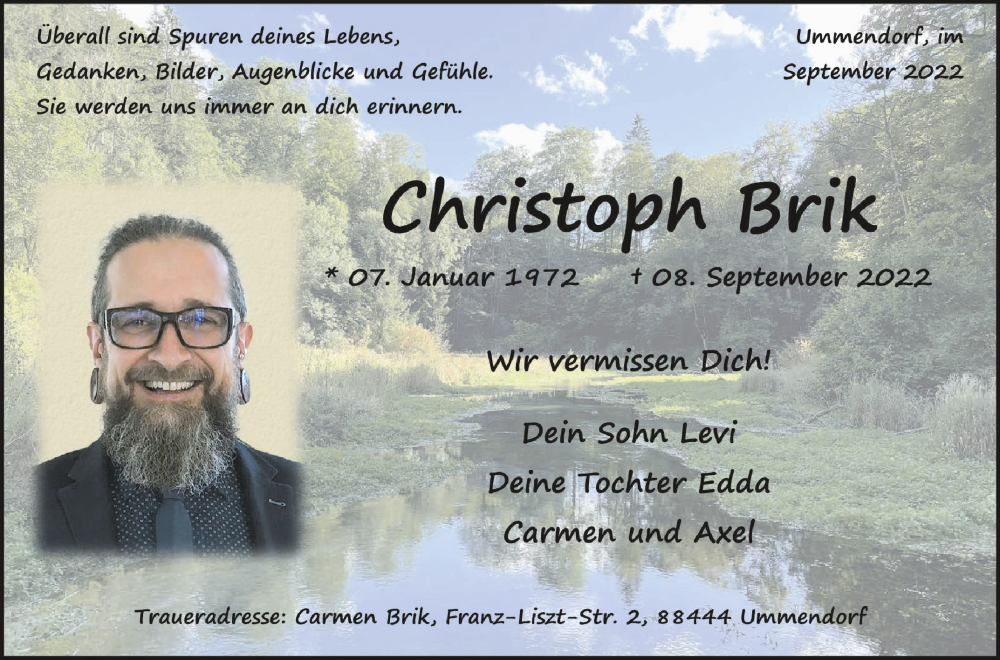  Traueranzeige für Christoph Brik vom 17.09.2022 aus Schwäbische Zeitung