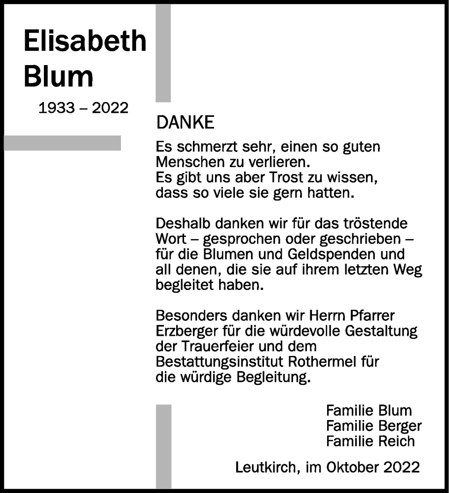  Traueranzeige für Elisabeth Blum vom 14.10.2022 aus Schwäbische Zeitung