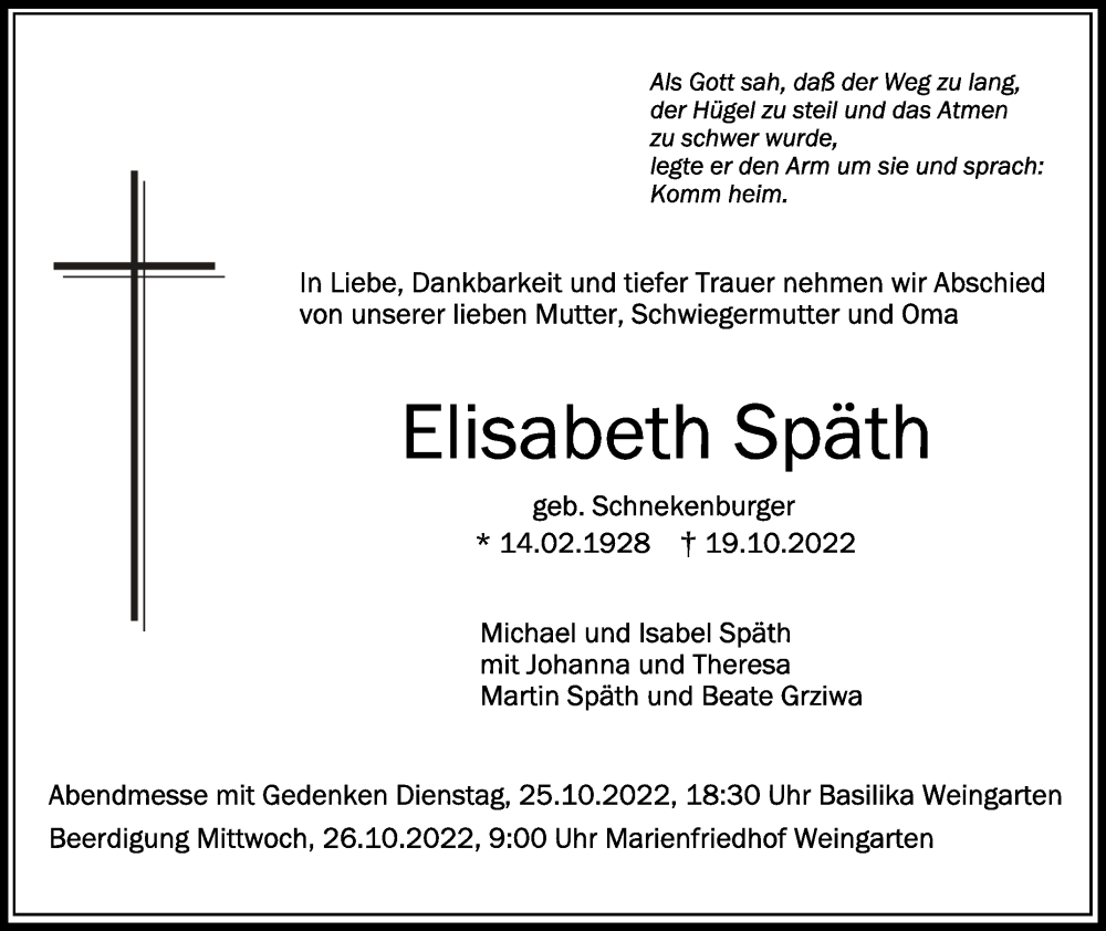  Traueranzeige für Elisabeth Späth vom 22.10.2022 aus Schwäbische Zeitung