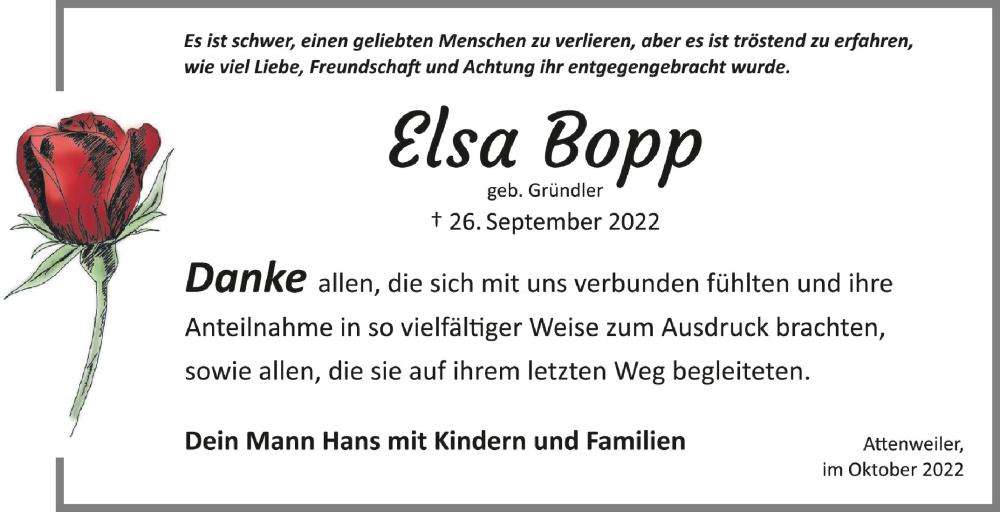  Traueranzeige für Elsa Bopp vom 22.10.2022 aus Schwäbische Zeitung