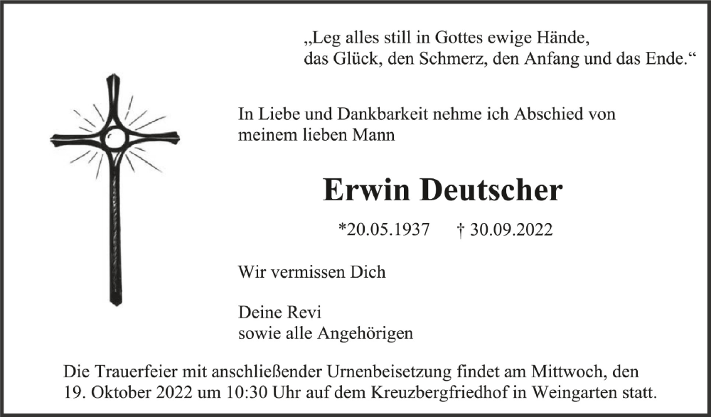 Traueranzeigen Von Erwin Deutscher | Schwaebische.de Trauerportal