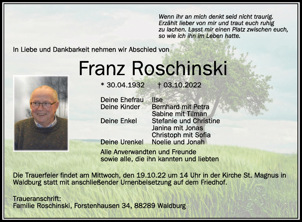  Traueranzeige für Franz Roschinski vom 14.10.2022 aus Schwäbische Zeitung