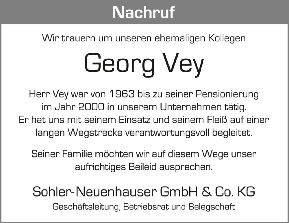  Traueranzeige für Georg Vey vom 22.10.2022 aus Schwäbische Zeitung