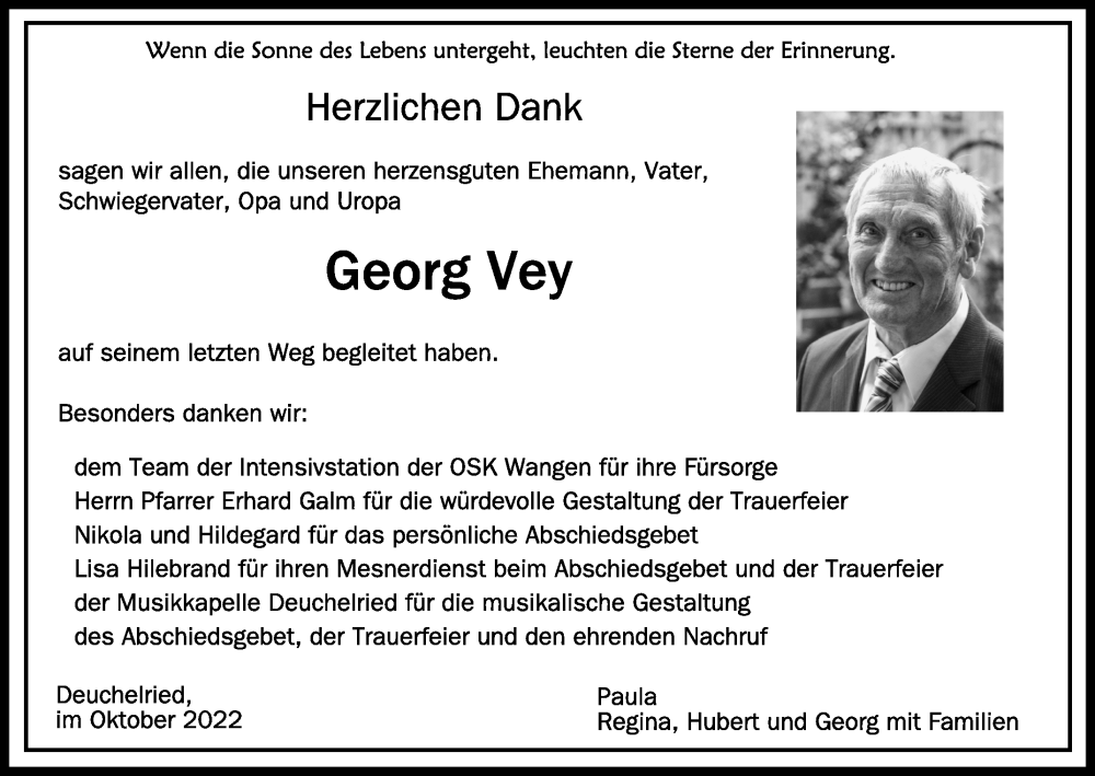 Traueranzeige für Georg Vey vom 15.10.2022 aus Schwäbische Zeitung