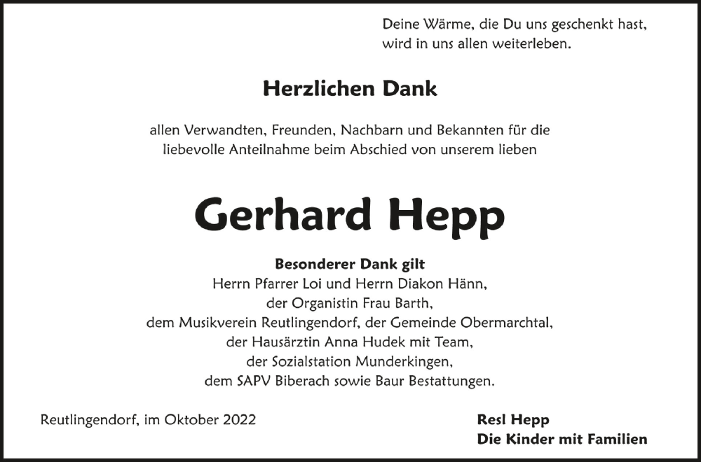  Traueranzeige für Gerhard Hepp vom 20.10.2022 aus Schwäbische Zeitung