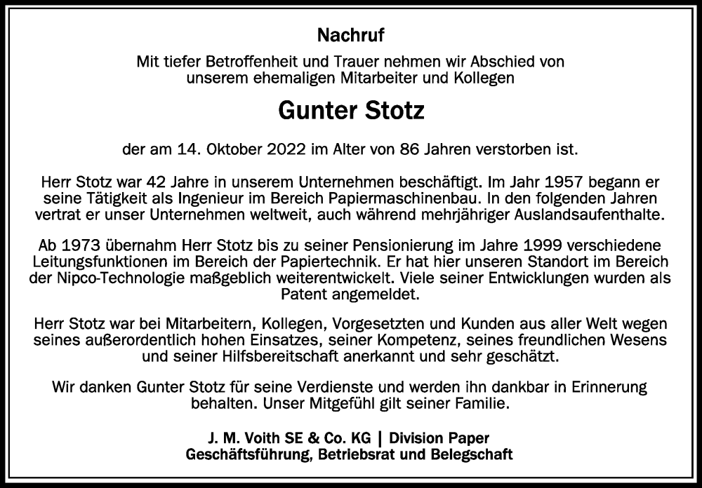  Traueranzeige für Gunter Stotz vom 25.10.2022 aus Schwäbische Zeitung