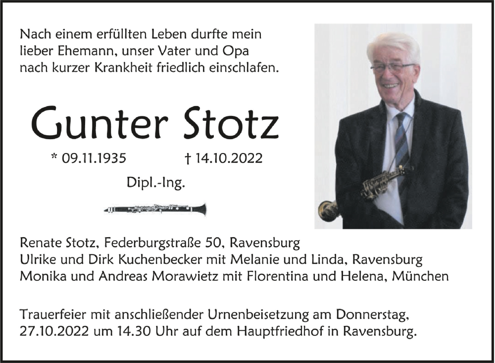  Traueranzeige für Gunter Stotz vom 19.10.2022 aus Schwäbische Zeitung