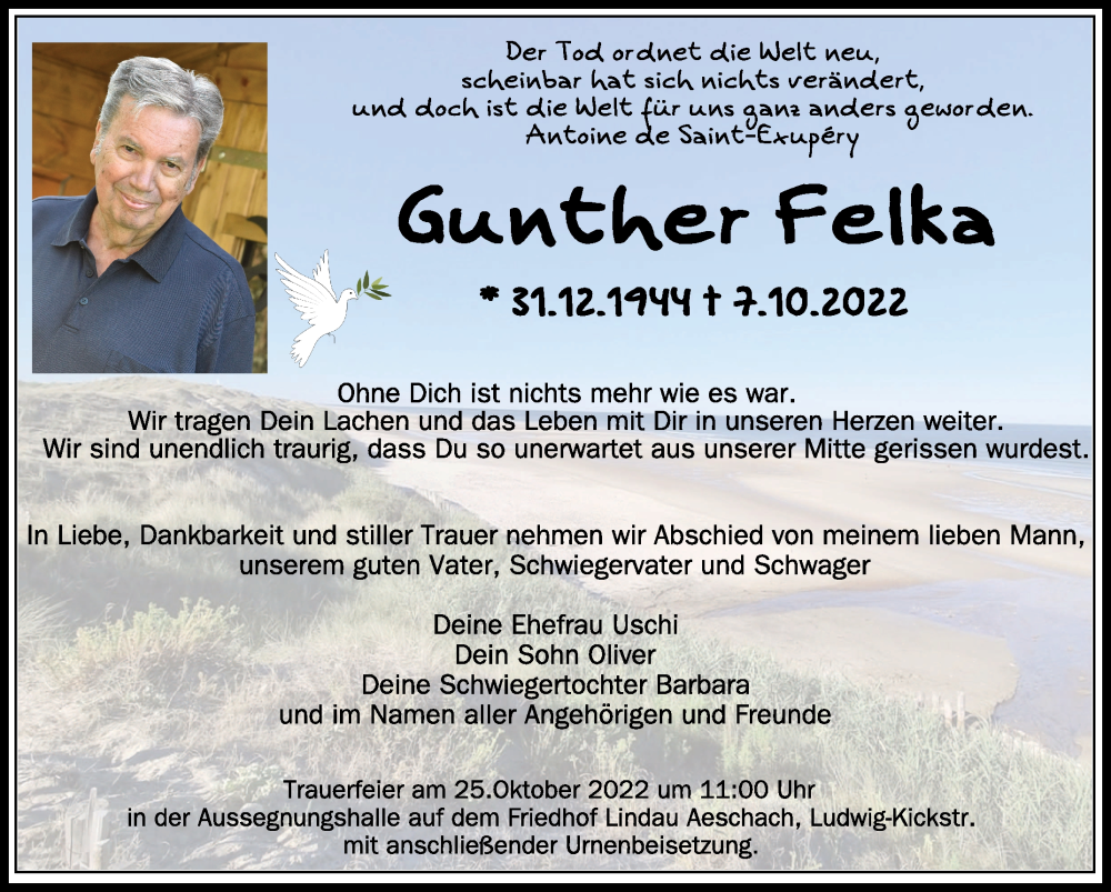  Traueranzeige für Gunther Felka vom 22.10.2022 aus Schwäbische Zeitung