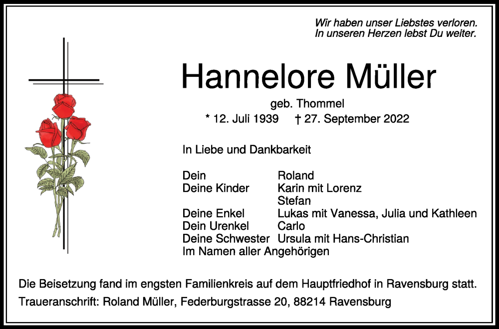  Traueranzeige für Hannelore Müller vom 06.10.2022 aus Schwäbische Zeitung