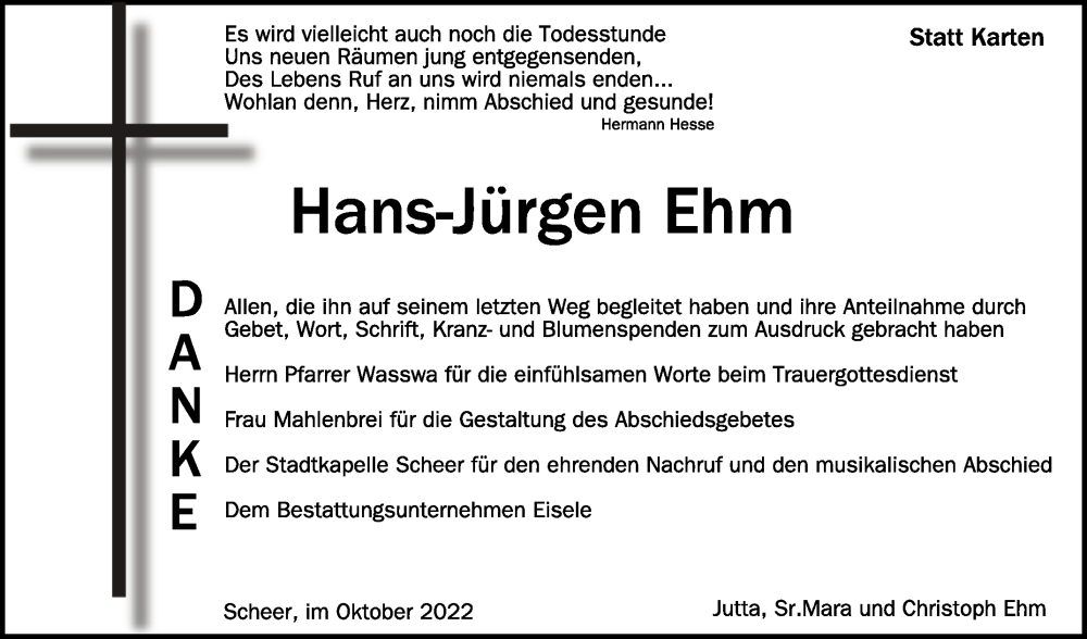  Traueranzeige für Hans-Jürgen Ehm vom 11.10.2022 aus Schwäbische Zeitung