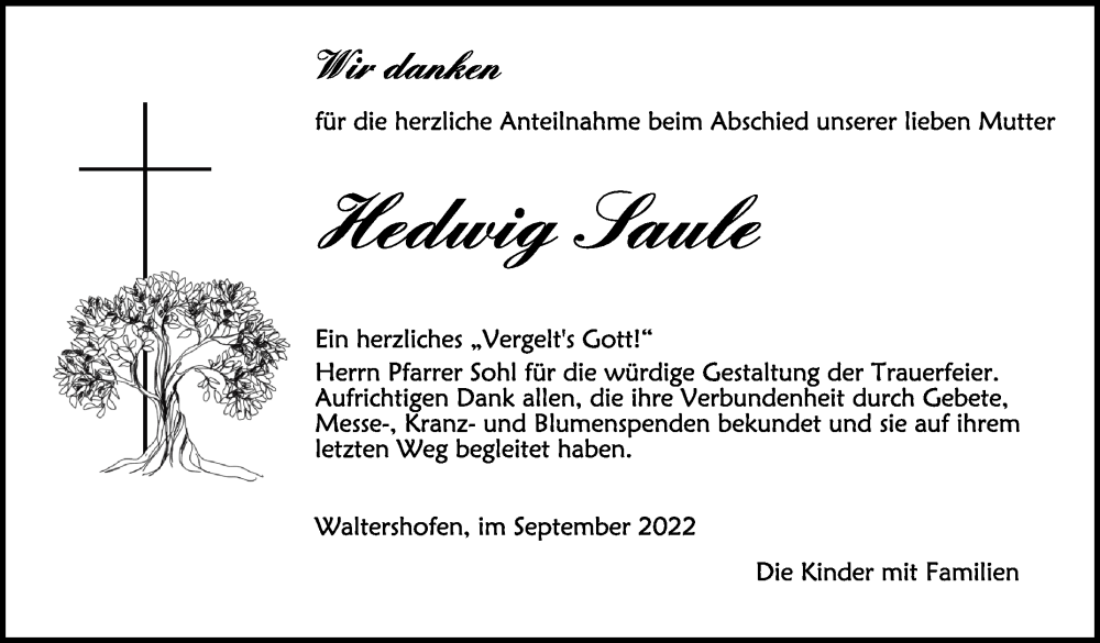  Traueranzeige für Hedwig Saule vom 01.10.2022 aus Schwäbische Zeitung