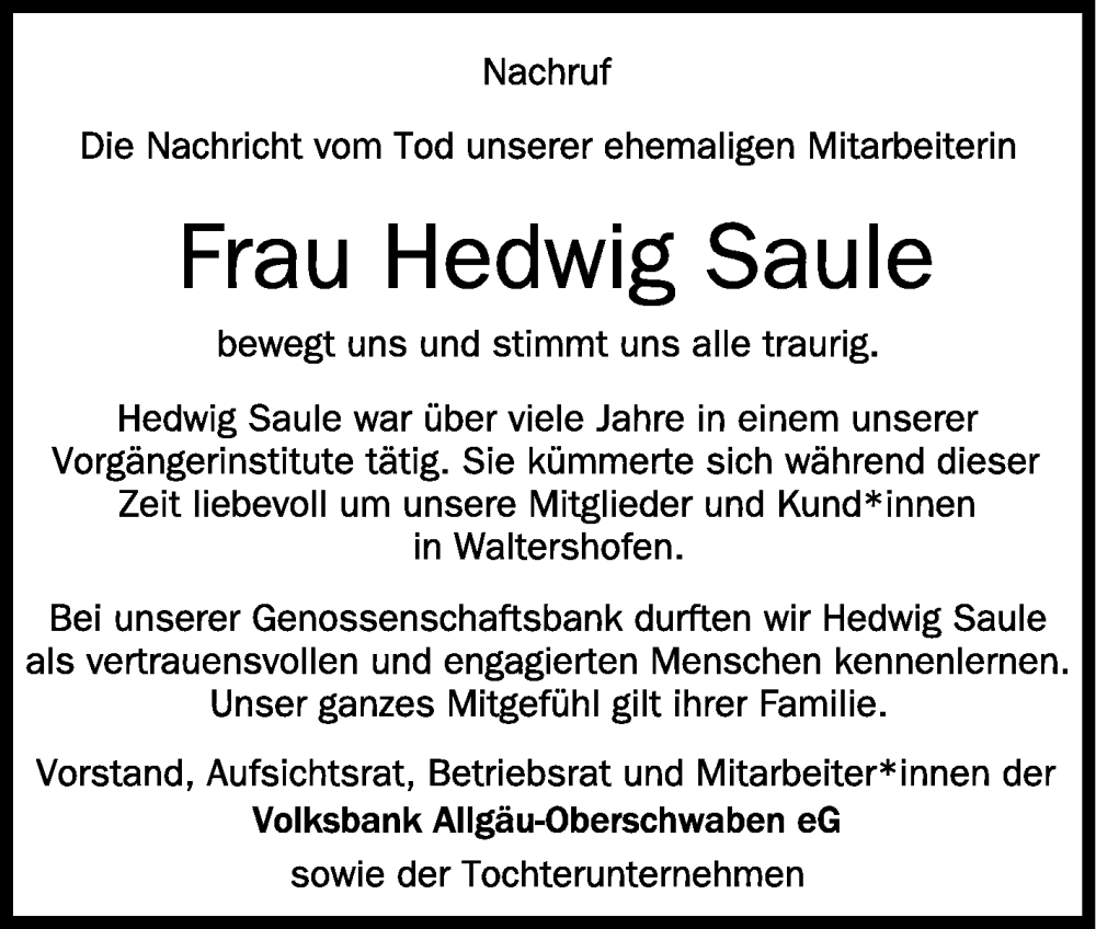  Traueranzeige für Hedwig Saule vom 17.09.2022 aus Schwäbische Zeitung