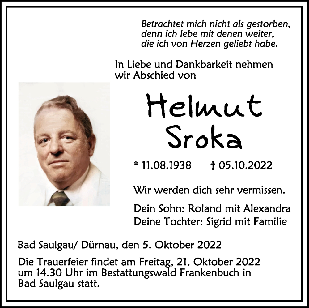  Traueranzeige für Helmut Sroka vom 15.10.2022 aus Schwäbische Zeitung