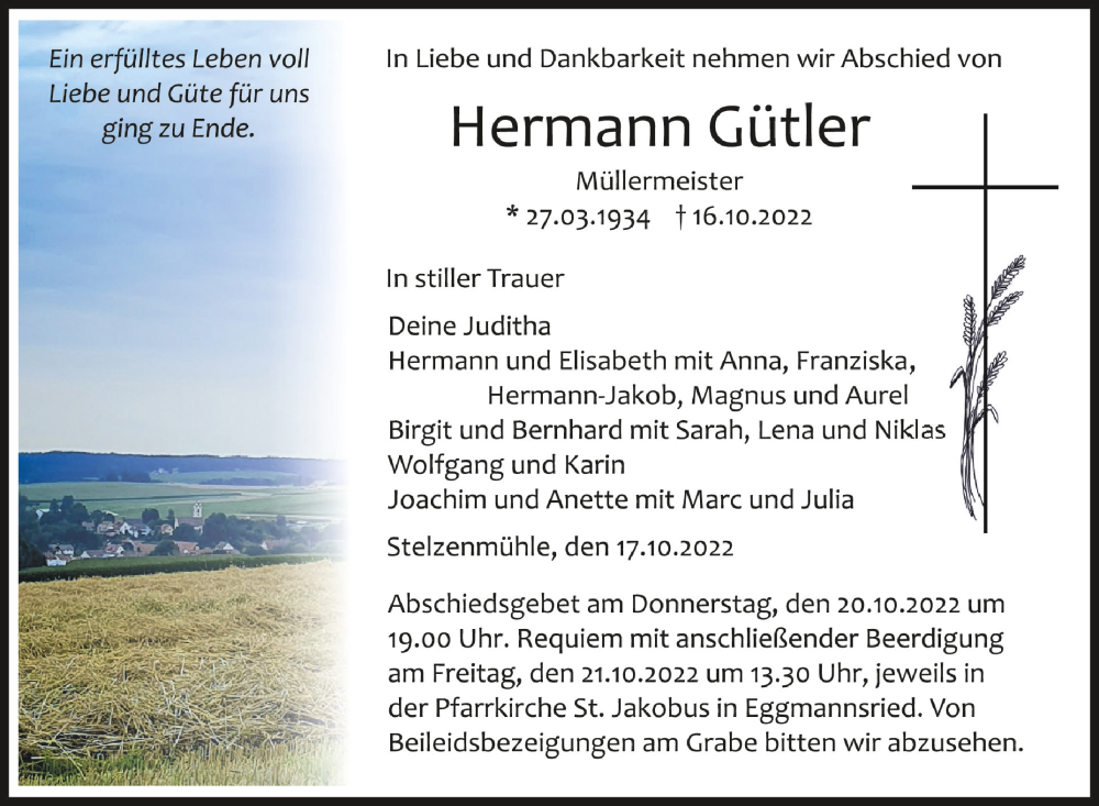  Traueranzeige für Hermann Gütler vom 18.10.2022 aus Schwäbische Zeitung