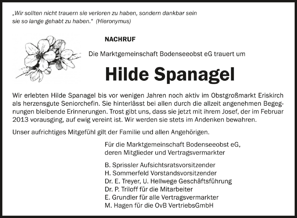  Traueranzeige für Hilde Spanagel vom 08.10.2022 aus Schwäbische Zeitung
