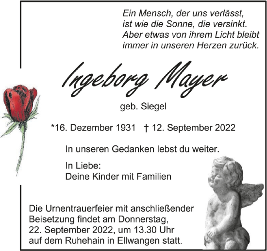 Traueranzeigen Von Ingeborg Mayer Schwaebische De Trauerportal