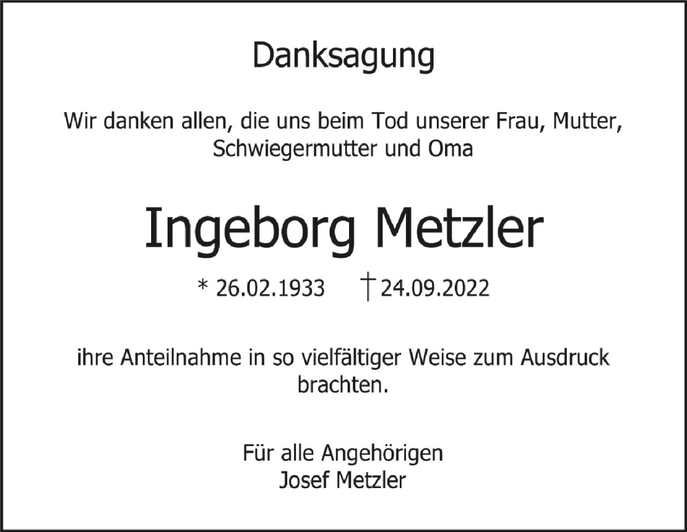  Traueranzeige für Ingeborg Metzler vom 15.10.2022 aus Schwäbische Zeitung