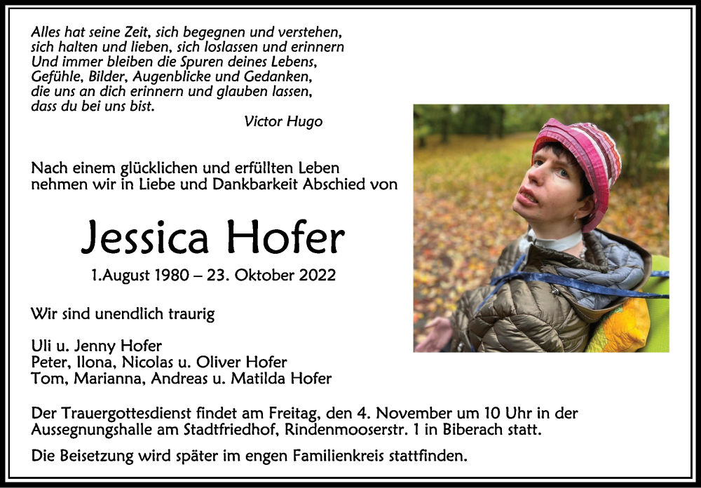  Traueranzeige für Jessica Hofer vom 31.10.2022 aus Schwäbische Zeitung