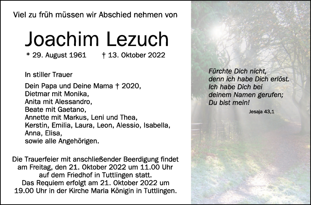  Traueranzeige für Joachim Lezuch vom 19.10.2022 aus Schwäbische Zeitung