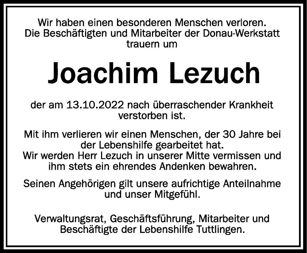  Traueranzeige für Joachim Lezuch vom 21.10.2022 aus Schwäbische Zeitung