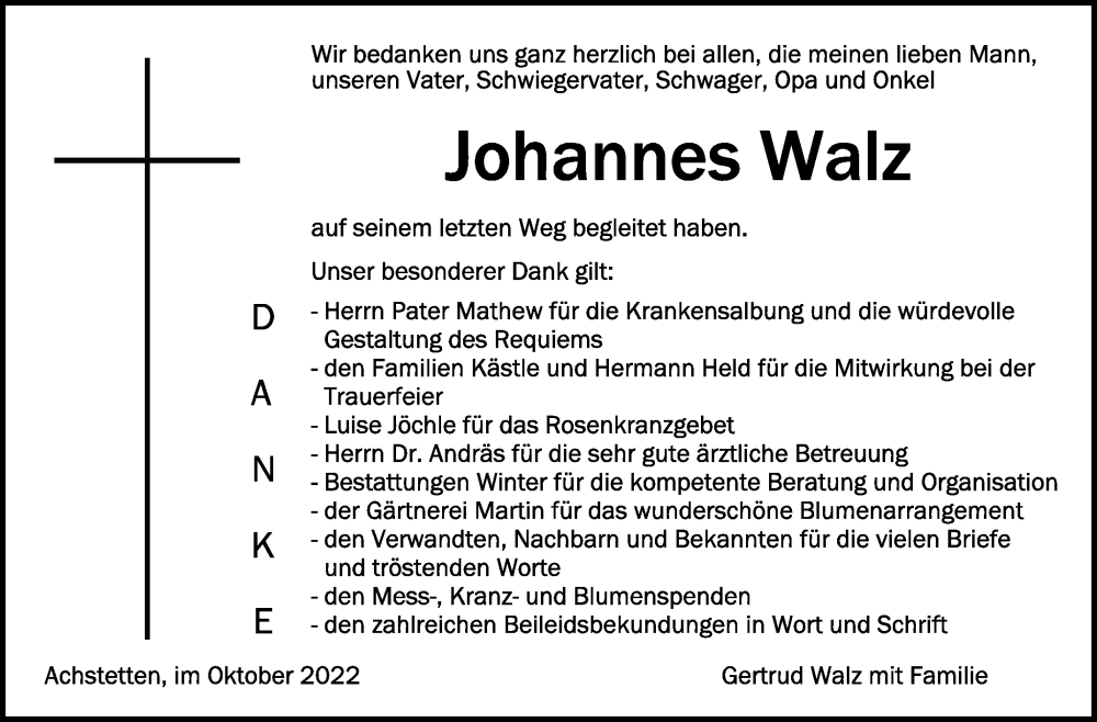 Traueranzeigen Von Johannes Walz | Schwaebische.de Trauerportal