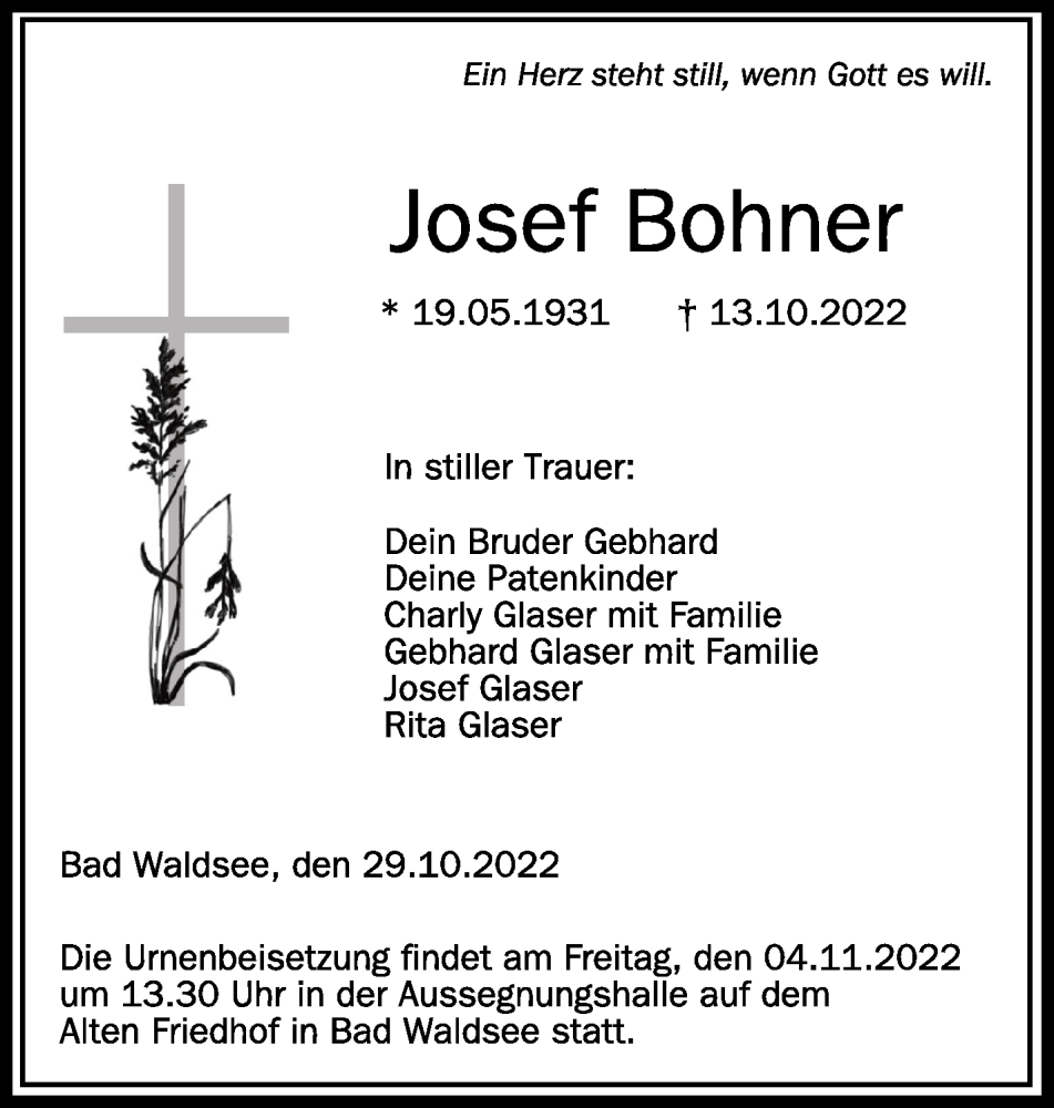  Traueranzeige für Josef Bohner vom 29.10.2022 aus Schwäbische Zeitung