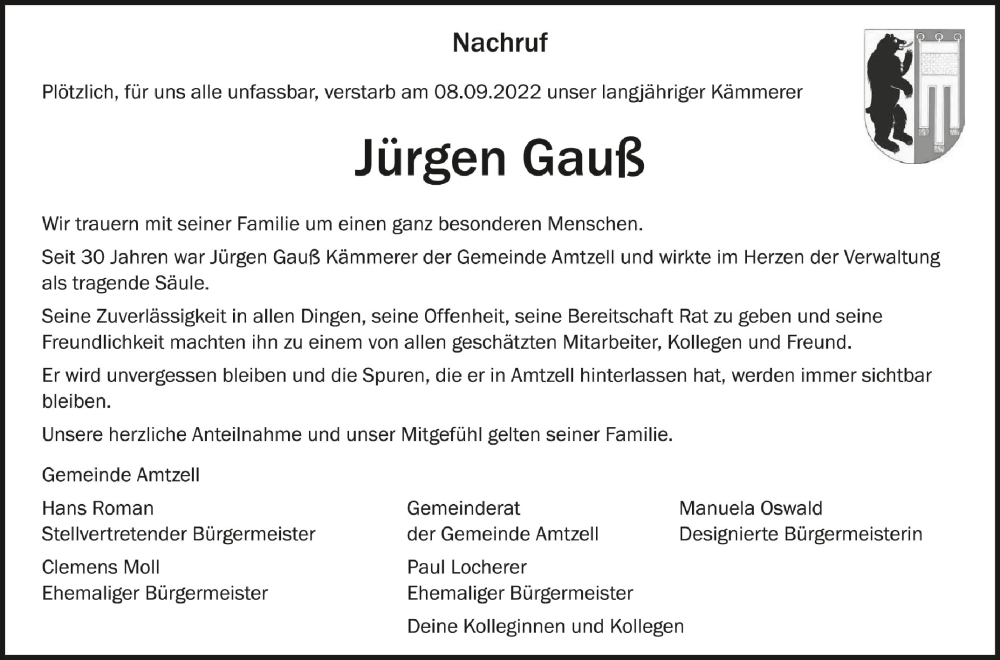  Traueranzeige für Jürgen Gauß vom 17.09.2022 aus Schwäbische Zeitung