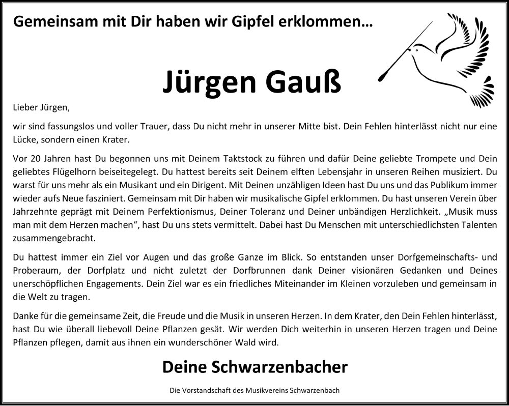  Traueranzeige für Jürgen Gauß vom 17.09.2022 aus Schwäbische Zeitung