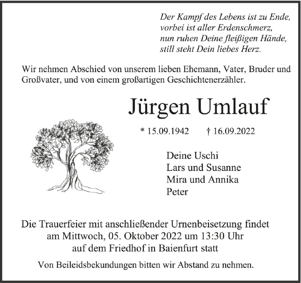  Traueranzeige für Jürgen Umlauf vom 01.10.2022 aus Schwäbische Zeitung