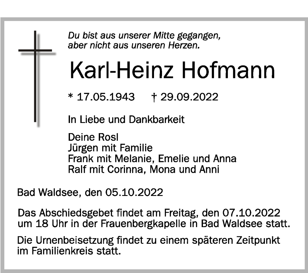  Traueranzeige für Karl-Heinz Hofmann vom 05.10.2022 aus Schwäbische Zeitung
