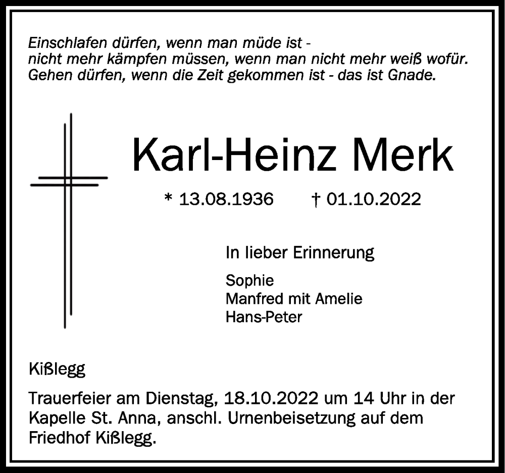  Traueranzeige für Karl-Heinz Merk vom 17.10.2022 aus Schwäbische Zeitung